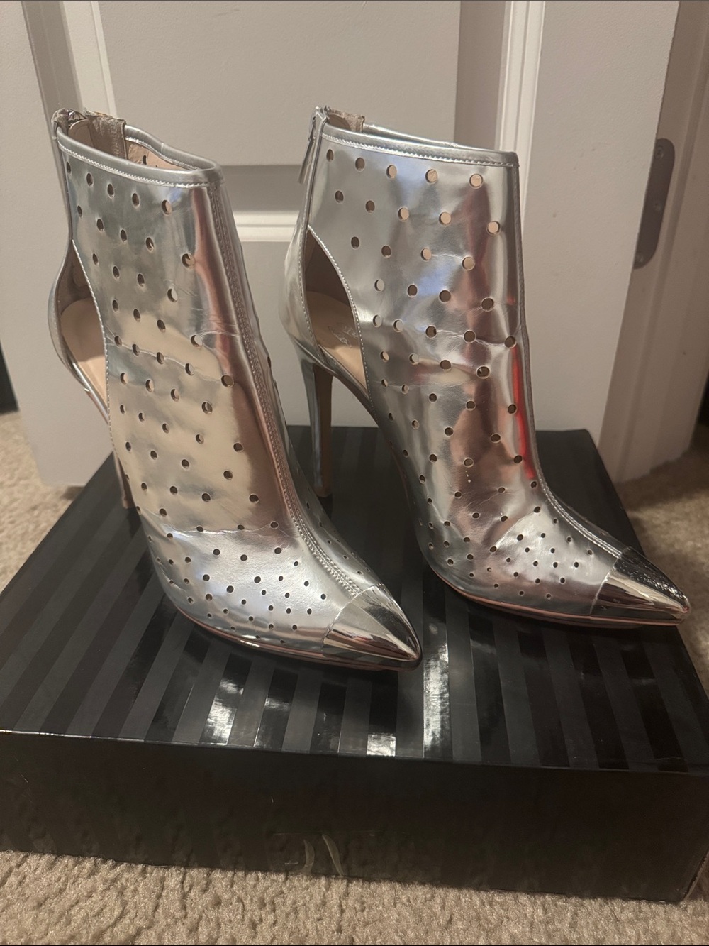 Victoria's Secret Metallic Silver Perforated Pointed-Toe Stiletto Booties